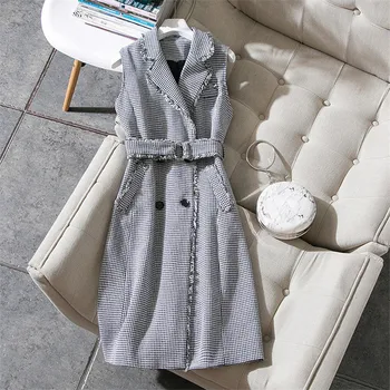 

2019 Autumn New Classic Style Houndstooth Turn Down Collar Tassel Sleeveless Adjustable Waist Long Ladies Vest Casual
