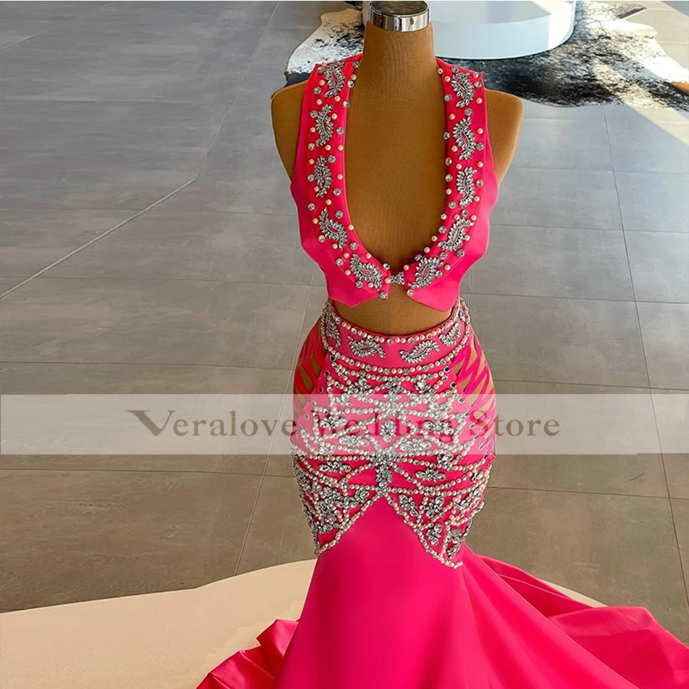 mermaid prom dresses Red Sexy Prom Dress Mermaid 2022 V Neck Two Pieces Beads Crystal Satin robe de soirée femme Informal Reception Party Gowns gold prom dress