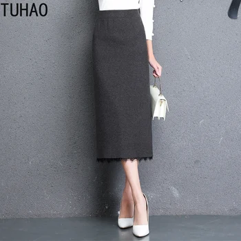 

TUHAO Women OFFICE Lady Long Drawstring Split Midi Skirt Ladies Lace Long Zipper Chic Skirts High Wasit Elegant Work Skirts LZ02