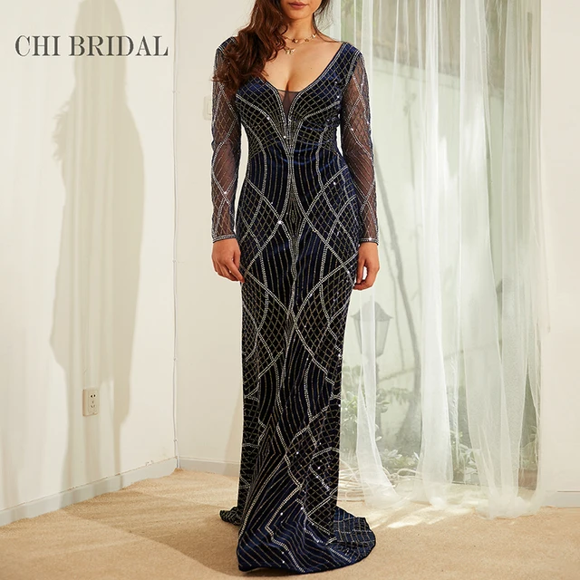 $US $220.93 New Hollow Perspective Long-Sleeved Evening Dress With Hot Drilling Velvet Mesh Fabric V-Neck Elegant Long Dress