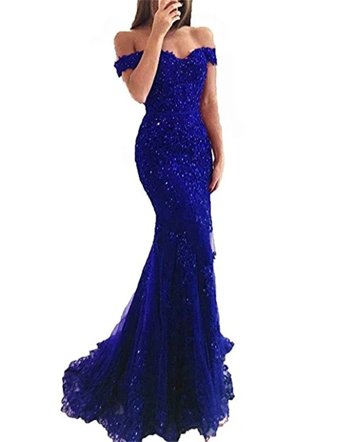 Off the Shoulder Long Mermaid Evening Dresses Lace abiti da sera Applique Robe De Soiree longue Formal Gowns abiye gece elbisesi royal blue