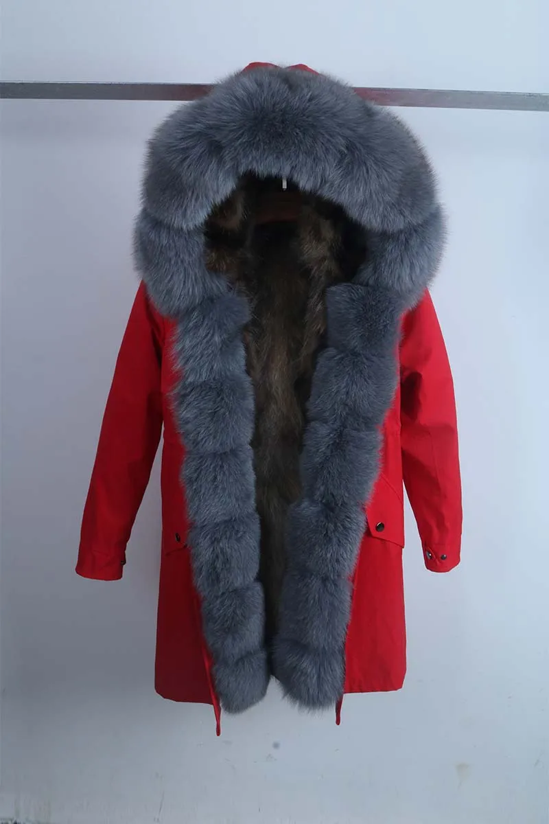 Красная водонепроницаемая парка, пальто с натуральным мехом, зимняя куртка для женщин, Воротник из лисьего меха, подкладка из натурального меха енота, теплая Толстая Уличная верхняя одежда - Цвет: 15