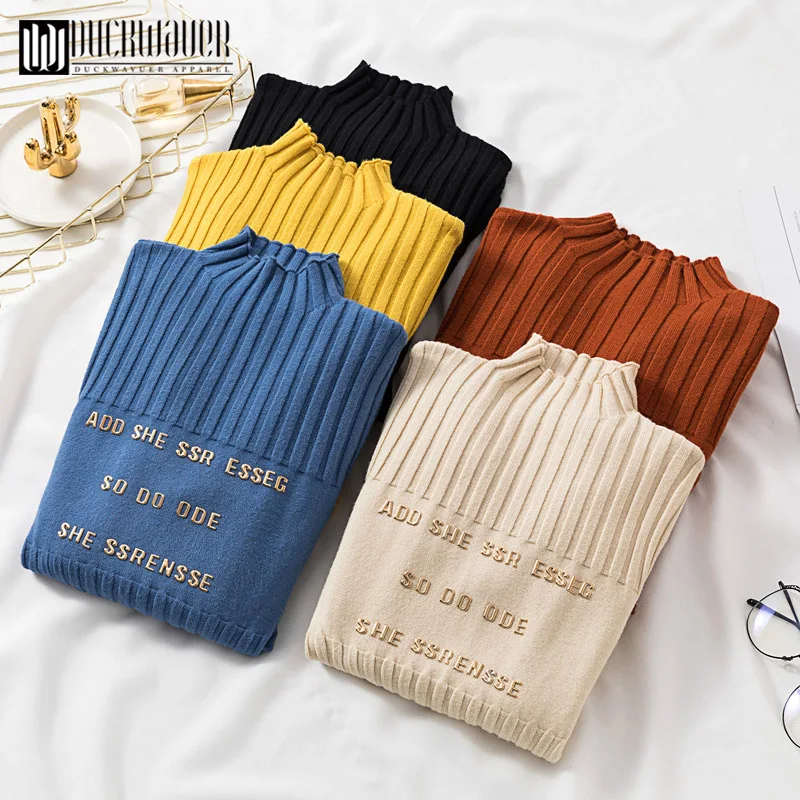 

Duckwaver 2019 Autumn Winter Basic Sweater pullovers Women turtleneck Solid Knit Slim Pullover female Long Sleeve warm Sweater