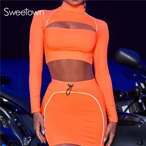 orange Sweetown неоновый комплект из двух предметов, топ и юбка в стиле пэчворк, светоотражающий полосатый топ с длинными рукавами, женский спортивный костюм - Цвет: orange