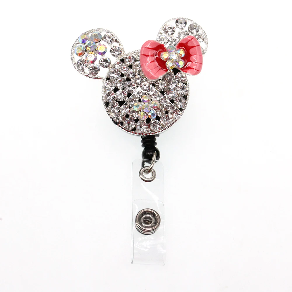 Clear Rhinestone Dot Pink Bow Minnie Mouse Head Retractable Black Badge Reel/ID Badge Holder/Pendant/Id Badge Holder