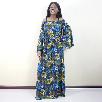

African Dresses For Women Dashiki Leaves and flowers Printes Long Sleeve Off Shoulder Dress