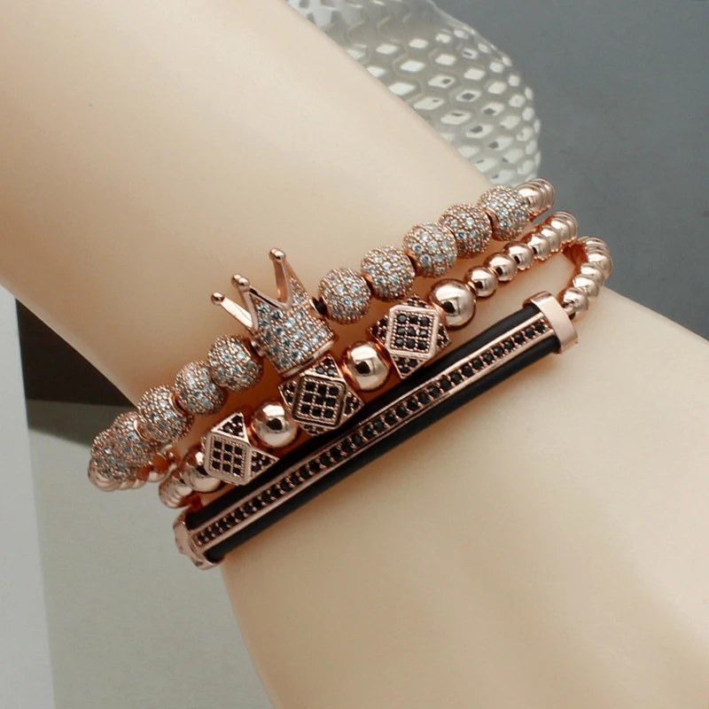 3 шт./компл. панк CZ Micro Pave Корона Бусины Браслет для Для мужчин Для женщин Медь ручной работы из бисера браслет с круглыми бусинами комплект роскошные ювелирные изделия в стиле «хип-хоп»