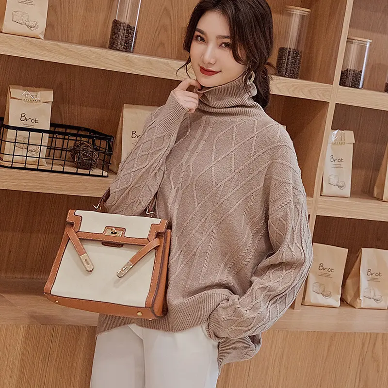 

Smpevrg lady thick cashmere sweater women pullover turtleneck long sleeve loose women sweater pullover knitted pull femme jumper