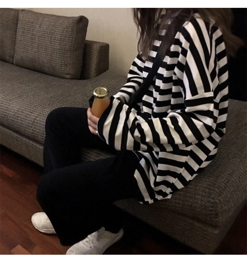 spring Autumn Women harajuku Striped Tshirt Long Sleeve O-Neck T-Shirts ulzzang Korean Casual oversized T Shirt Femme black Tops