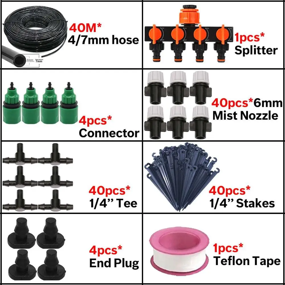 KSL01-KIT069-40M-B 5 м/50 м, садовый капельный полив, набор для орошения, система для теплицы с 4/7 мм шлангом, 4-полосный разветвитель, разбрызгиватель, тройник - Цвет: KSL01-KIT069-40M-B