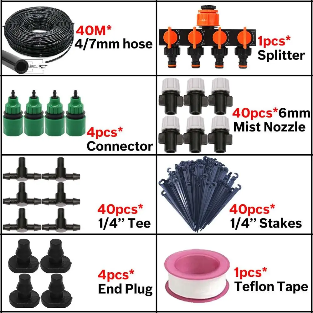 5 м/50 м, садовый капельный полив, набор для орошения, система для теплицы с 4/7 мм шлангом, 4-полосный разветвитель, разбрызгиватель, тройник - Цвет: KSL01-KIT069-40M-B