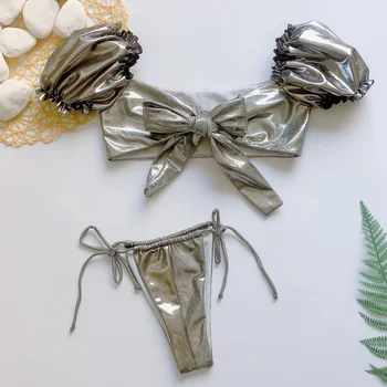 

Women Bikini Shining Bow Bandage Tie Style Flash Splice Chest Knot Bathing Suit