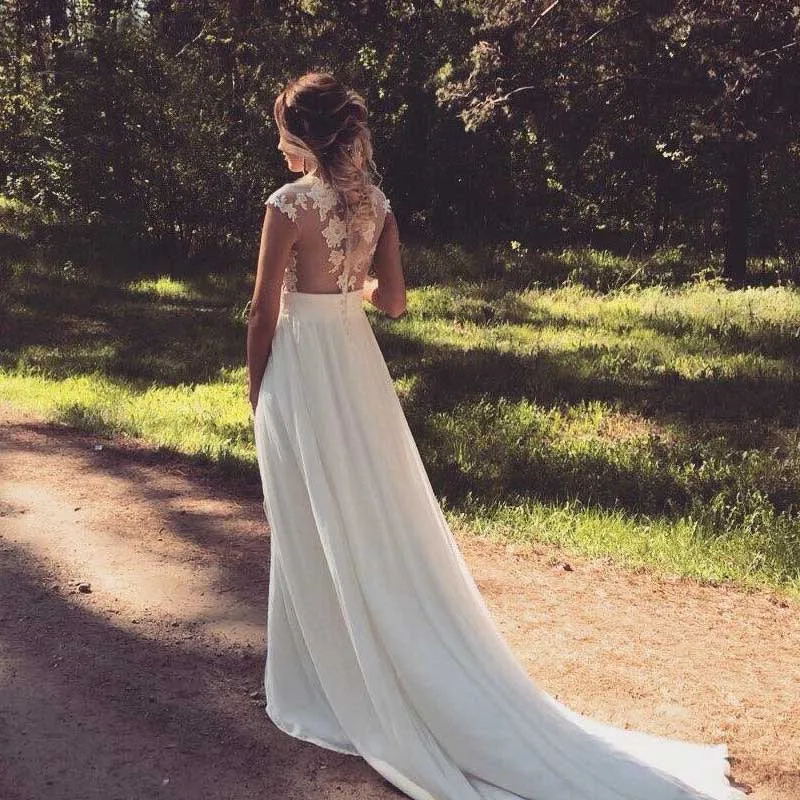 Vestido De Noiva Chiffon Beach Wedding Dresses 2020 See Through Back Boho Wedding Gown Appliques Split Country Bridal Gown  (6)