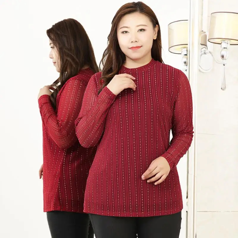 Женская демисезонная футболка с длинными рукавами размера плюс 10XL 8XL 6XL 4XL, женская футболка с круглым вырезом, высокая стрейч-футболка, топы, тонкая футболка для женщин - Цвет: red