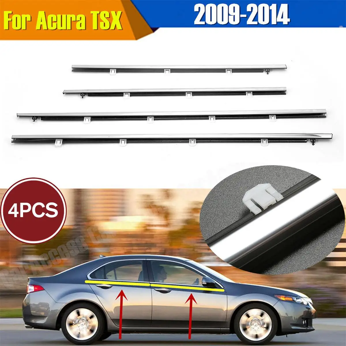 

NEW 4PCS/Set Car Outside Window Moulding Trim Weatherstrip Seal Belt Weather Strip Fit for Acura TSX 2009-2014