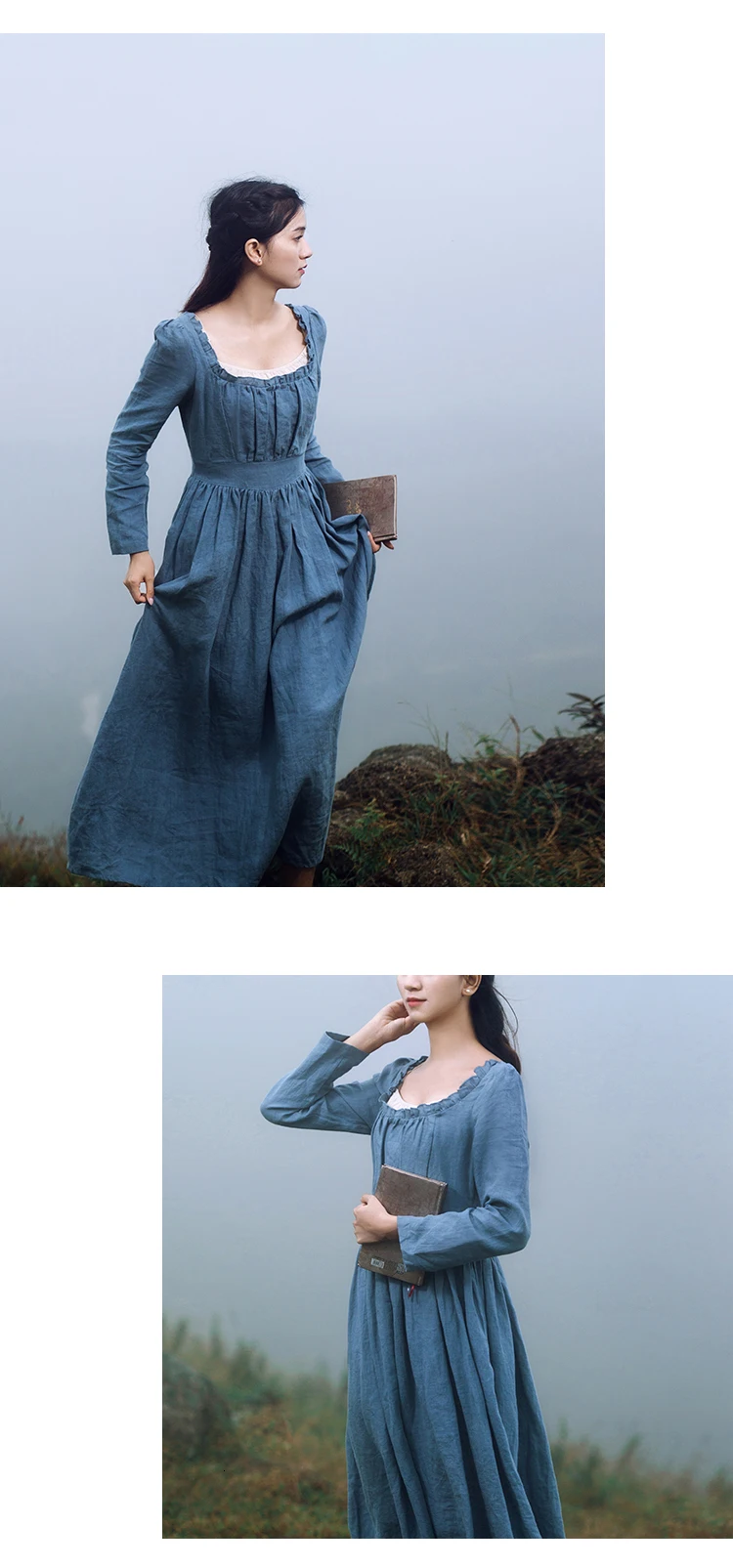 Vestidos mujer; сезон весна-осень; женское элегантное французское винтажное платье в стиле корта с квадратным воротником; длинный рукав; ; льняное длинное платье Золушки