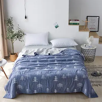 

Papa&Mima Dark Blue Trees Forests Knitted Quilted Summer 100% Cotton Thread Towel Blankets Throws Double-side Bedsheet Bedlinen