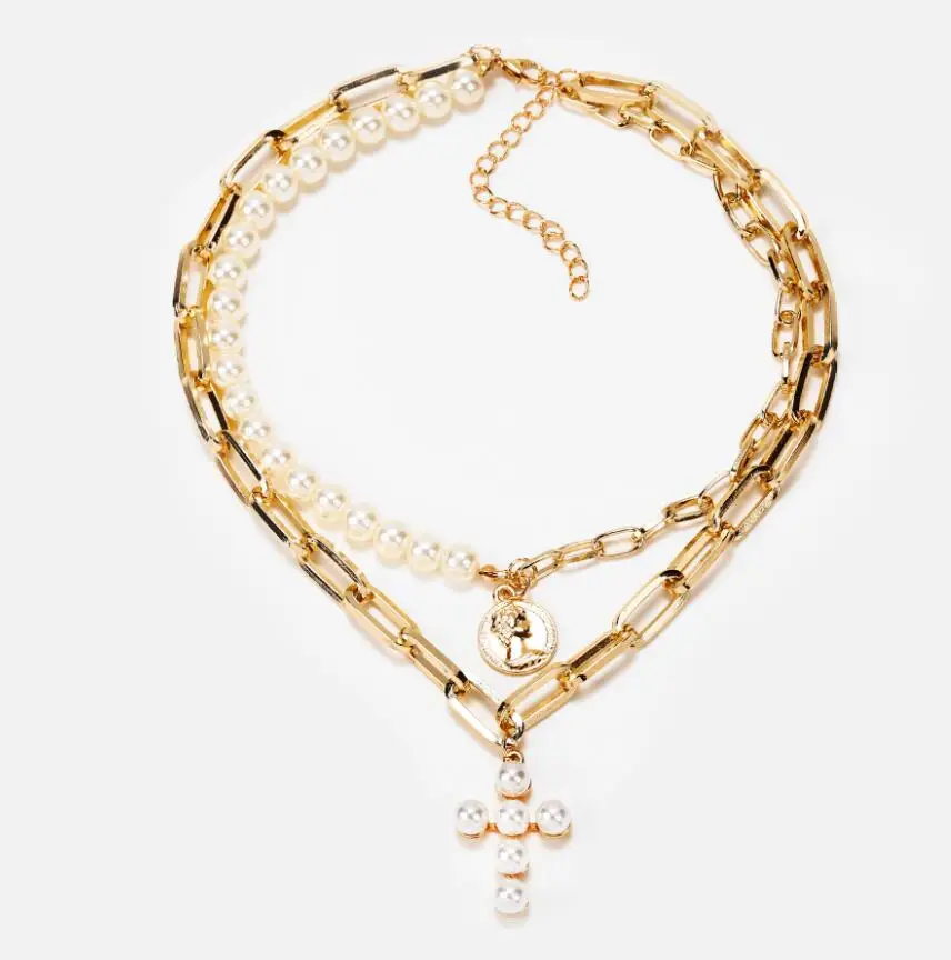 KMVEXO ожерелья с искусственным жемчугом для женщин многослойные Золотые цепочки неправильные геометрические монета крест ожерелье с подвеской в стиле бохо ювелирные изделия - Окраска металла: Cross Head