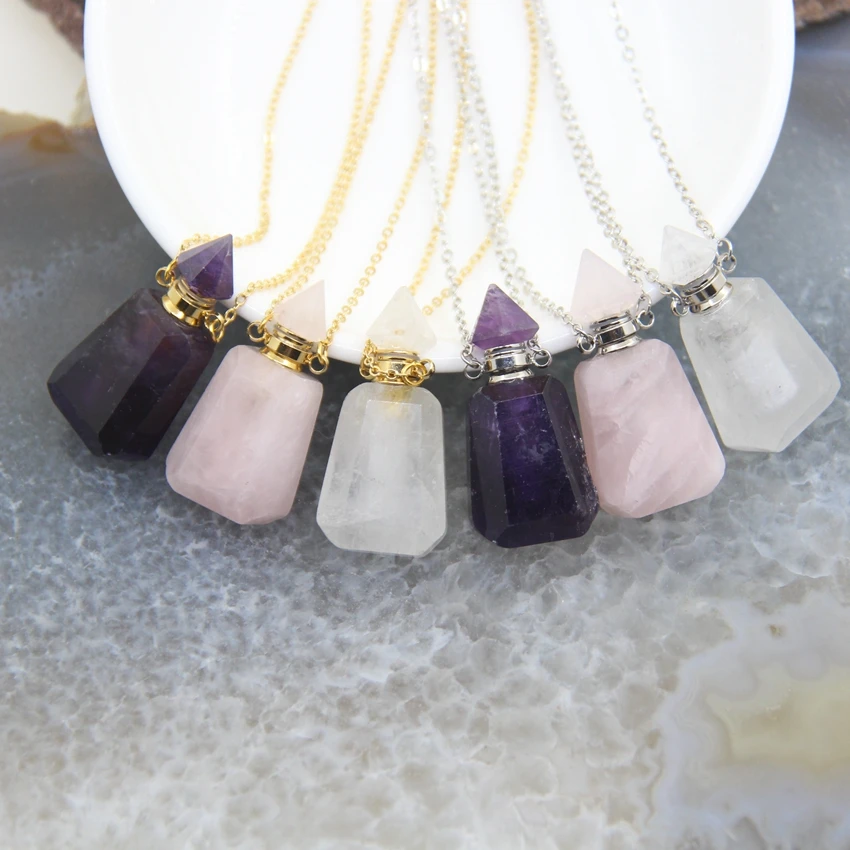 

Faceted Amethysts/Rose Quartzs Perfume Bottle Pendant Chains,Healing Crystal Essential Oil Diffuser Vial Necklace Charms Jewelry