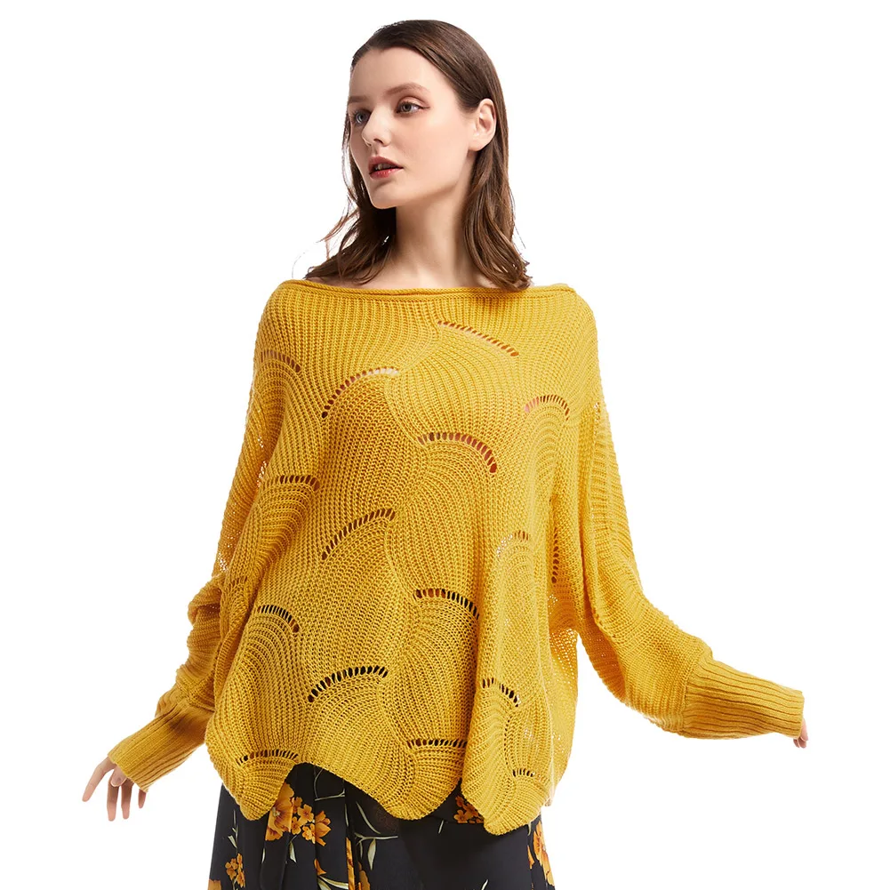 Bikitique Solid Color Bat Sleeve Women's Pullover One Neckline Hollow Knitted Elastic Casual Sweater Women New Winter Sweater Bikitique Solid Color Bat Sleeve Women's Pullover One Neckline Hollow Knitted Elastic Casual Sweater Women New Winter Sweater