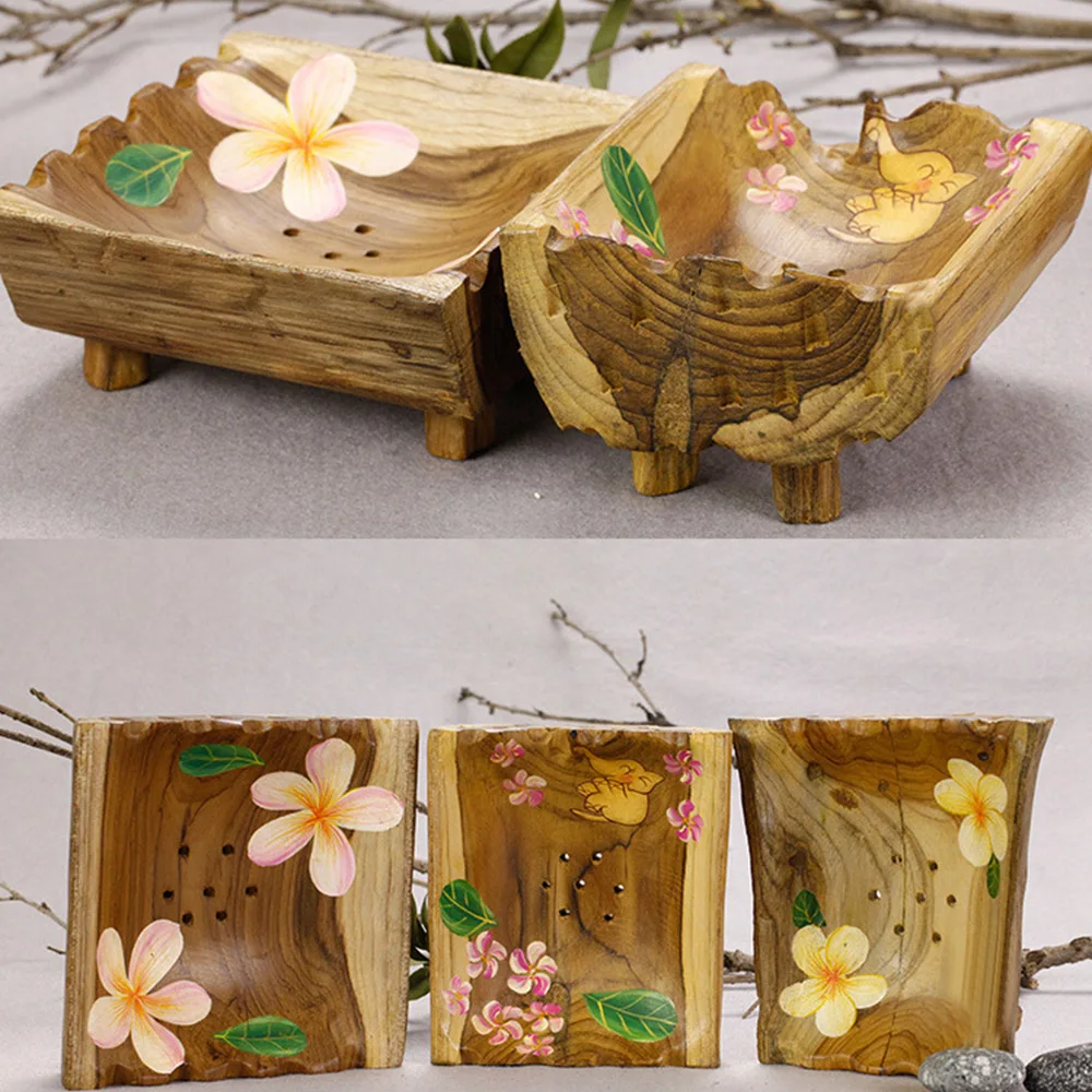 Home Bathroom Wooden Soap Case Holder Chinese Classic Style Sink Deck Bathtub Shower Dish for Sponges Scrubber Bathroom Storage