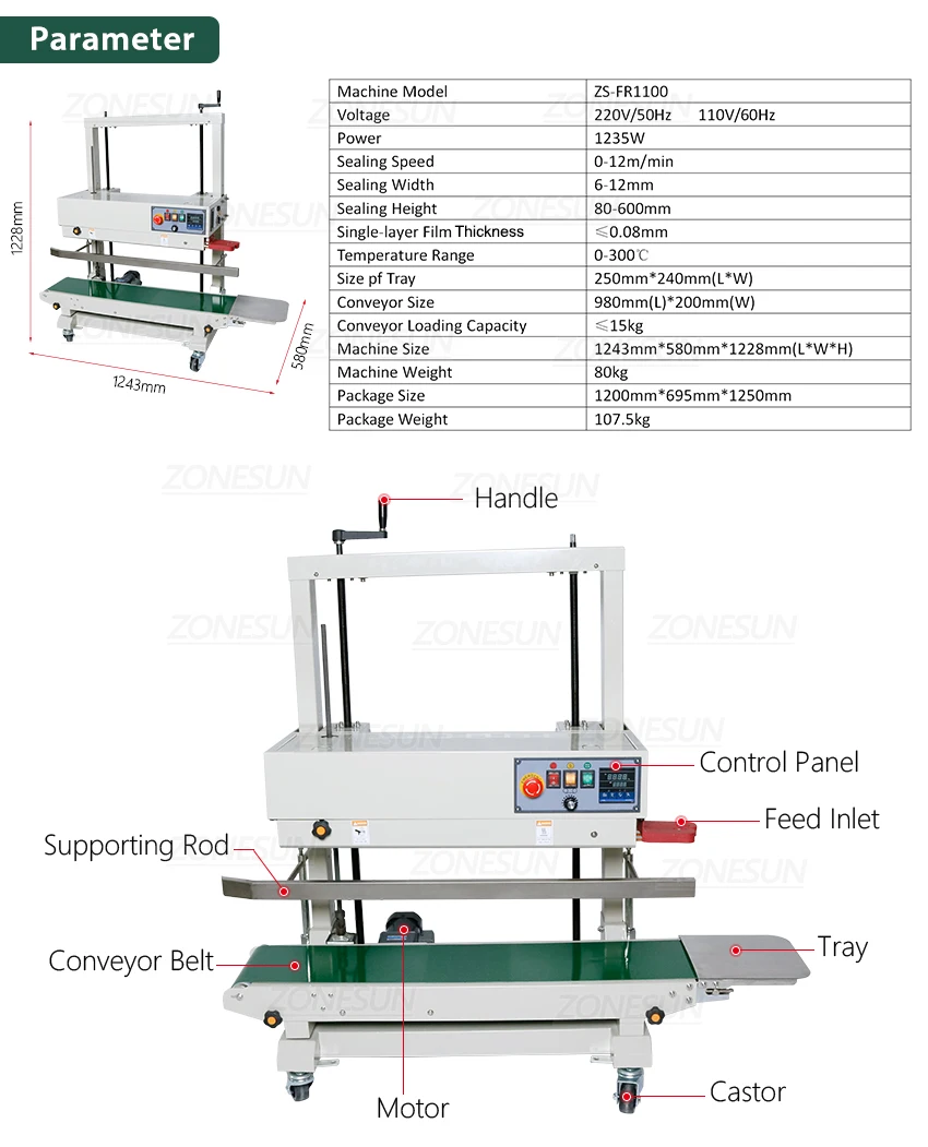 ZONESUN ZS-FR1100 Vertical Continuous Band Food Pouch Plastic Bag Heat Packing Sealing Machine