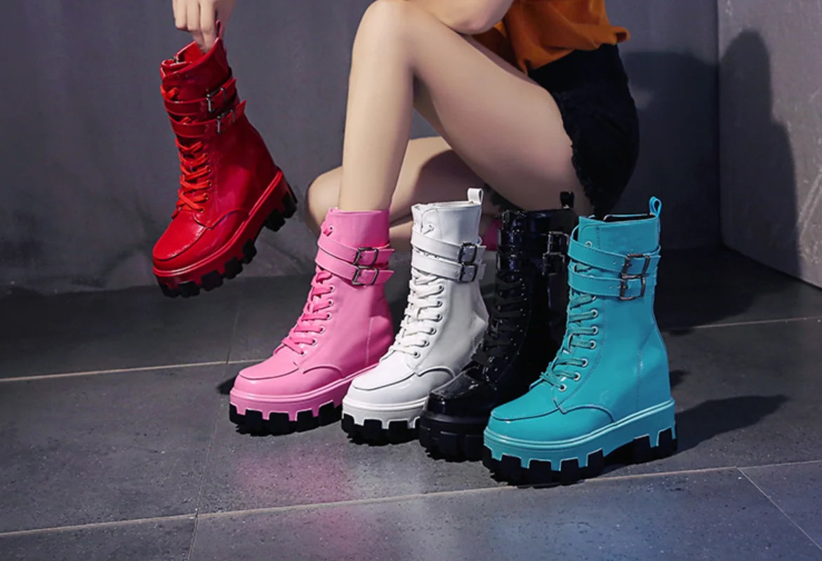 

Womens Round Toe Ankel Martin Boots Lace Up Platform Wedeg Hidden 10CM Heel Punk Motorcycle Shoes New 5Colors A1811