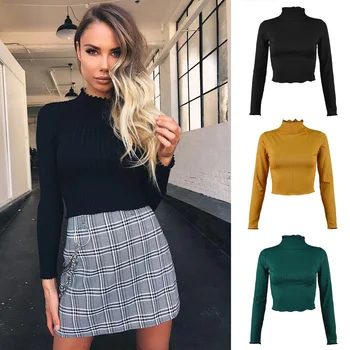 

Autumn and winter half high collar solid color long sleeve knitting T-shirt European and American slim women's navel top2020