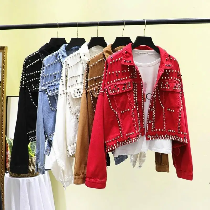 

Fall Harajuku Red Denim Jacket Women Coat Heavy Hand Beaded Rivet Short Black Jeans Jacket Student Basic Coats Outfit