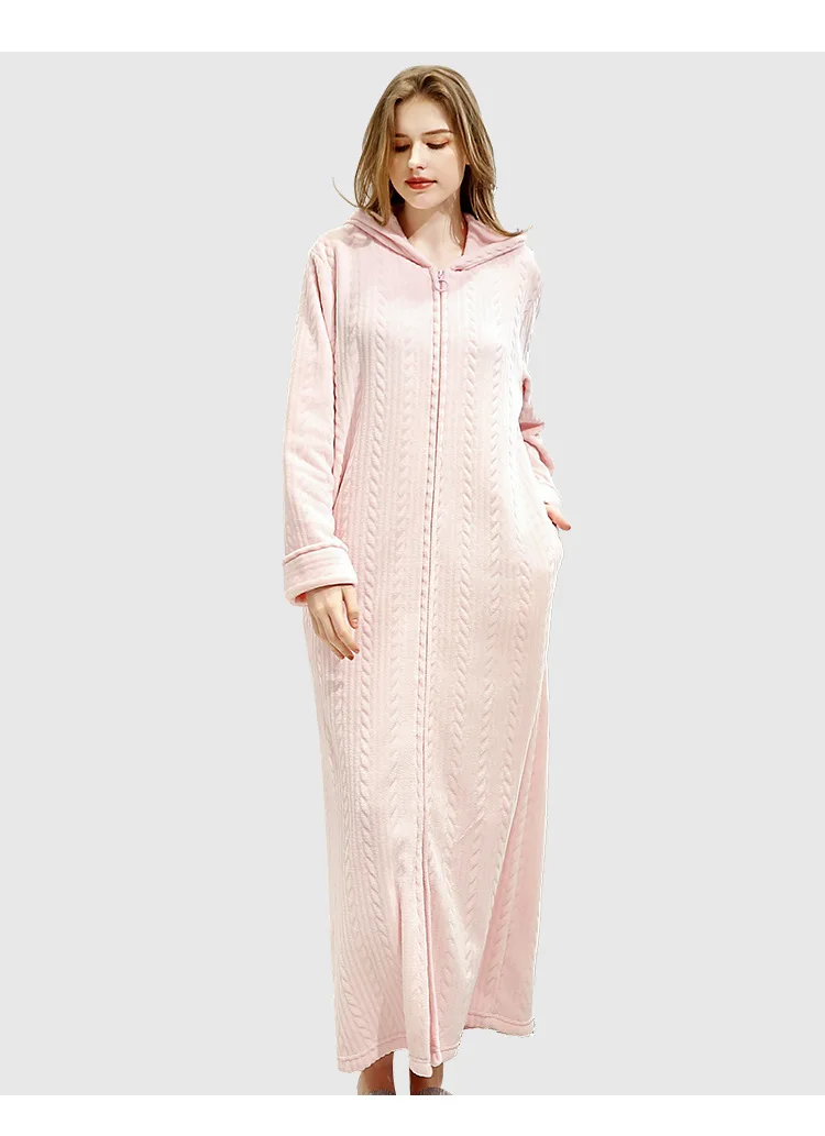Халат с капюшоном зимний фланелевый Халат женский на молнии соединенный домашний сервис Твердые Длинные теплые пижамы с капюшоном ночная рубашка