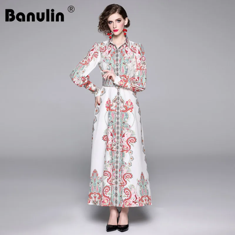 

Runway Designer Front Single Breasted Open Maxi Dress Women Vintage Party Dresses Causl Button Floral Print Long Vestido