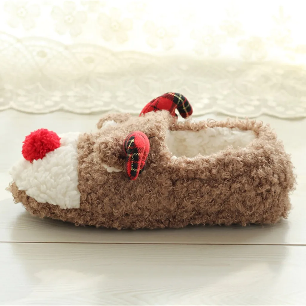Теплые зимние домашние тапочки в рождественском стиле; домашние тапочки с милыми животными; Мягкие плюшевые домашние тапочки с помпонами; женская хлопковая обувь размера плюс