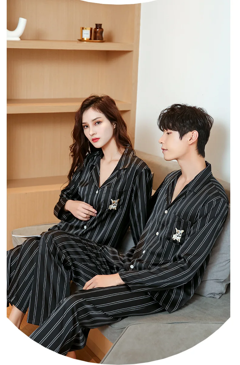 mens silk pajamas New Striped Printd Sleepwear Couples Pajamas Set For Womens Mens Satin Silk Kimono Man Pyjamas Cozy Soft Nightgown Home Clothes plus size pajama pants