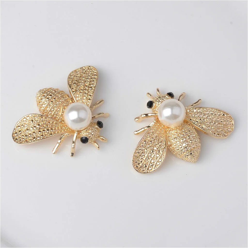 5 Pcs Bee Shape Alloy Crystal Pearl Flatback Button For DIY Hair Accessories Scrapbooking Embellishment Jewelry Making Crafts