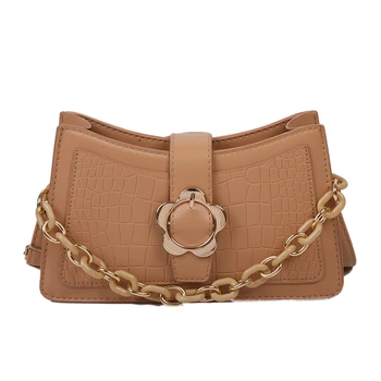 

Retro Stone Pattern Baguette Bags For Women 2020 Fashion Chains Flower Button Design Crossbody Shoulder Bag PU Leather Handbags