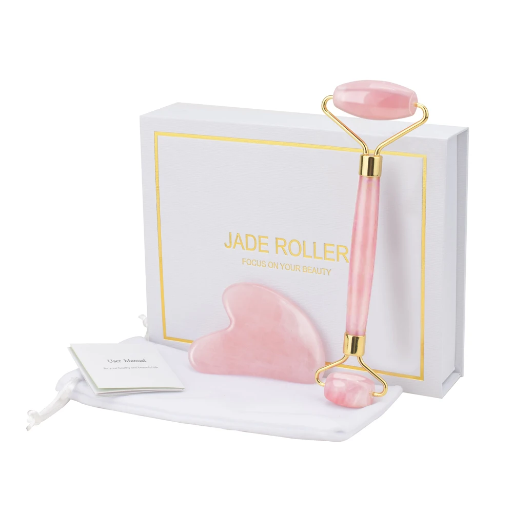 Rodillo masajeador Facial de cuarzo rosa, rodillo masajeador adelgazante, piedra de Jade Natural, rodillo masajeador Facial, cuidado de la piel, conjunto de caja de belleza