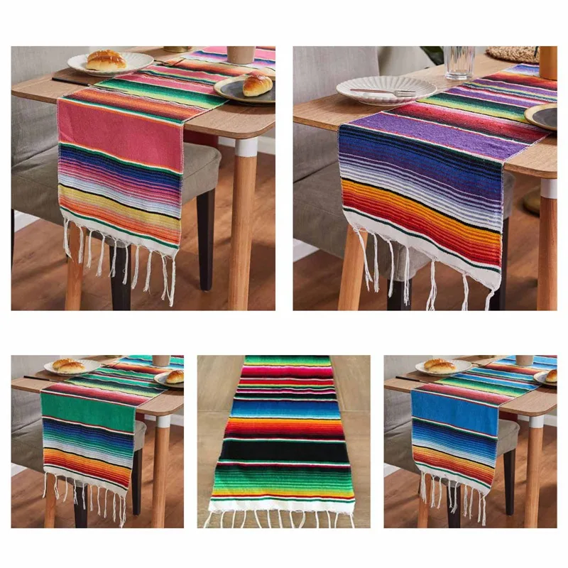 

35x215cm Table Cloth Manual Tassel Fine Workmanship Mexican Colorful Stripes Table Runner Table Cover Table Decoration