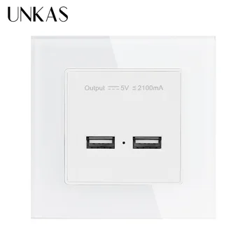 

UNKAS Crystal Tempered Glass Panel Wall Power Socket Dual USB Smart Induction Charging Port For Mobile 5V 2.1A Output