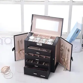 

1set Synthetic Leather Huge Jewelry Box Mirror Black Ring Storage Lockable Case Storage Organizer Earring Holder