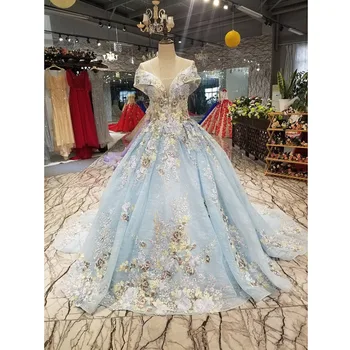 

BGW 3119ht Flowers Light Blue Pretty A-line Evening Dress 2020 O-neck Short Sleeve Backless Dress Best Seller Free Shipping