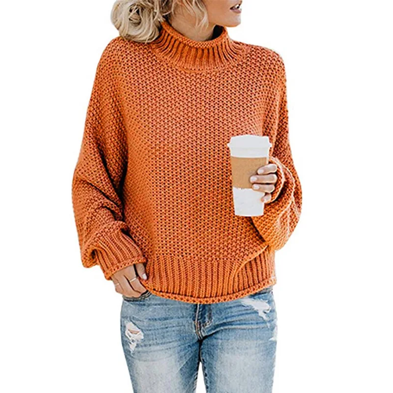 Женский свитер, свободный Зимний вязаный джемпер с высоким воротом, повседневные красные свитера для девушек, высокое качество, толстый женский свитер большого размера - Цвет: Orange red