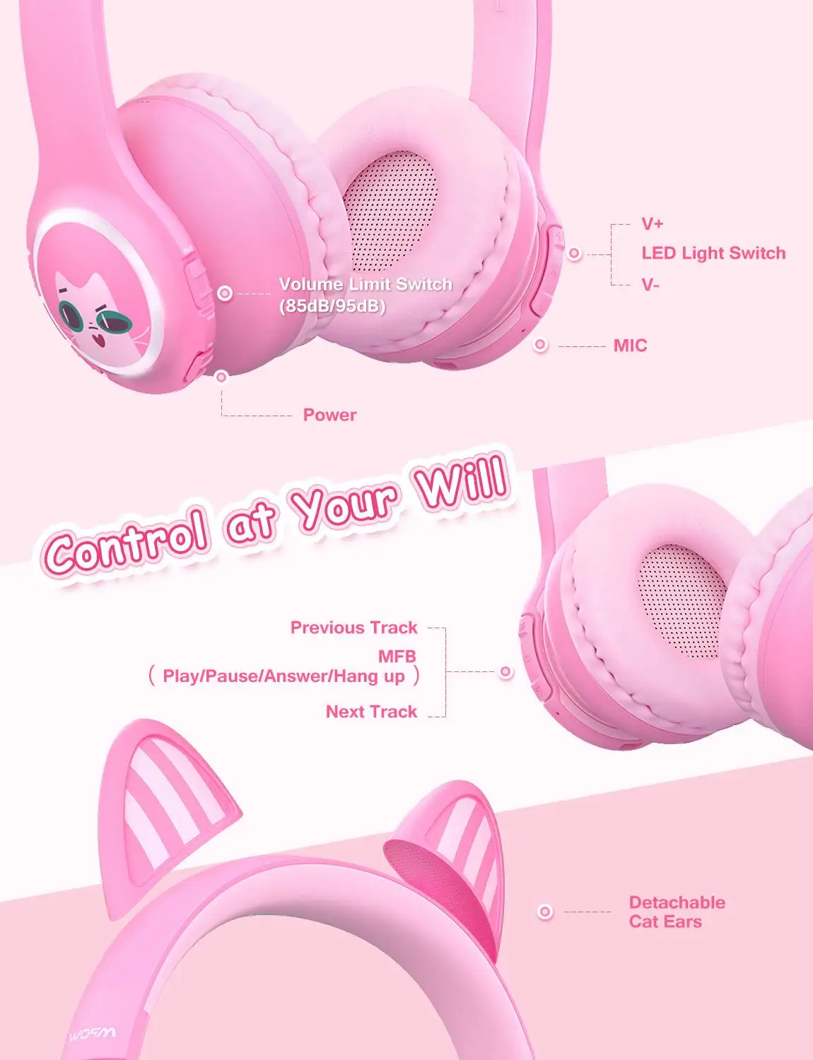 Mpow Cat Ear Kids Headphones Bluetooth 5 0 Wireless Headset with Mic 14H Playing Time 85dB 95dB Volume Limited Cute Headphone