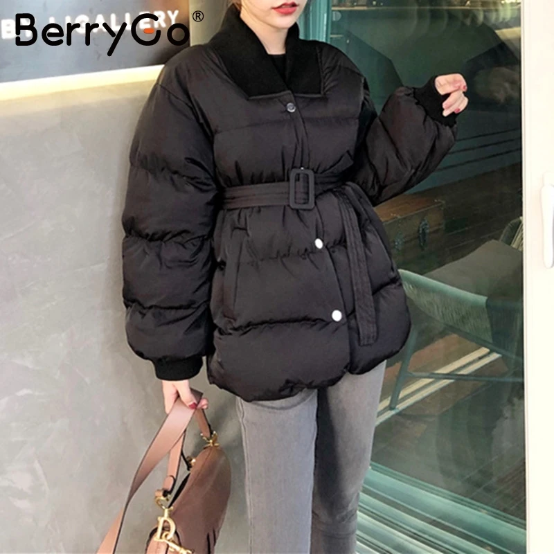 

BerryGo Elegant sash belt warm parka women Buttons autumn winter female thick padded coat Streetwear ladies white parkas jackets