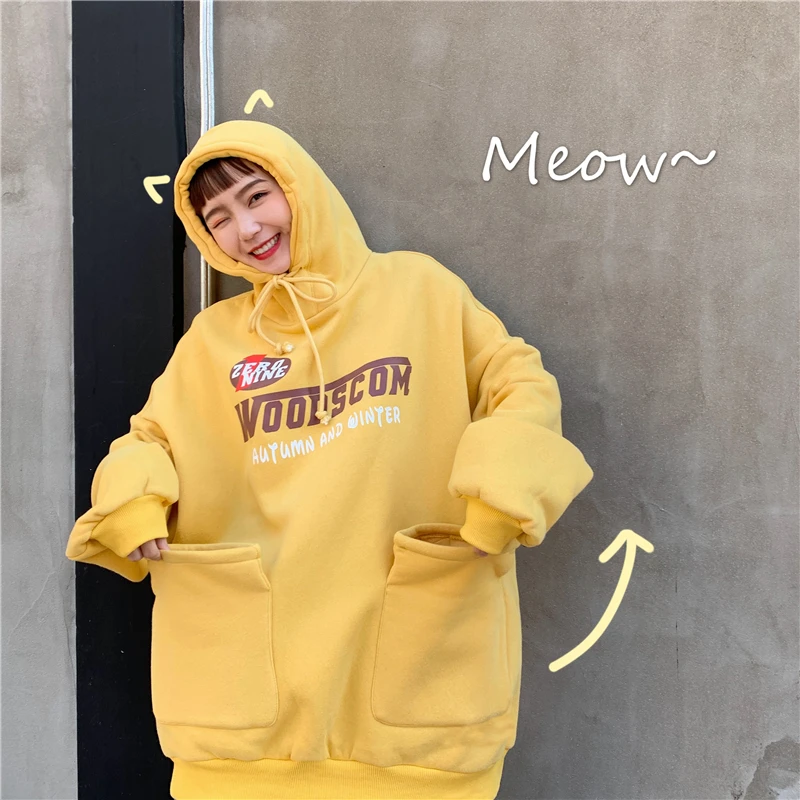 Sudadera Mujer осень зима женские негабаритных Kawaii толстовки Harajuku печатных карман толстовка с капюшоном женские флисовые толстовки