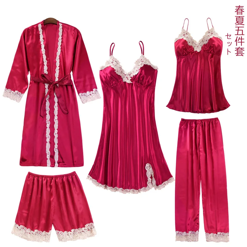 Женский Атласный халат, комплект из 5 предметов, комплект для сна, домашняя одежда для молодых девушек, интимное белье, летняя пикантная кружевная Пижама, женская одежда для сна