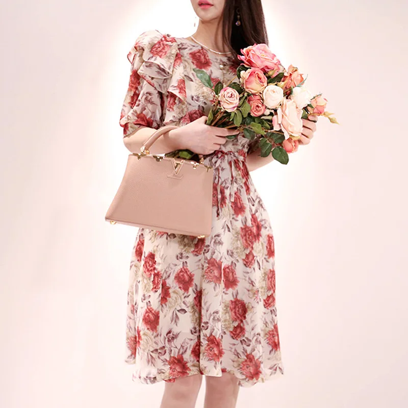 

WOMEN'S Dress 2019 Summer New Style Korean-style Elegant Crew Neck Lace-up Waist Hugging Slimming Midi-skirt Floral Printed Dres