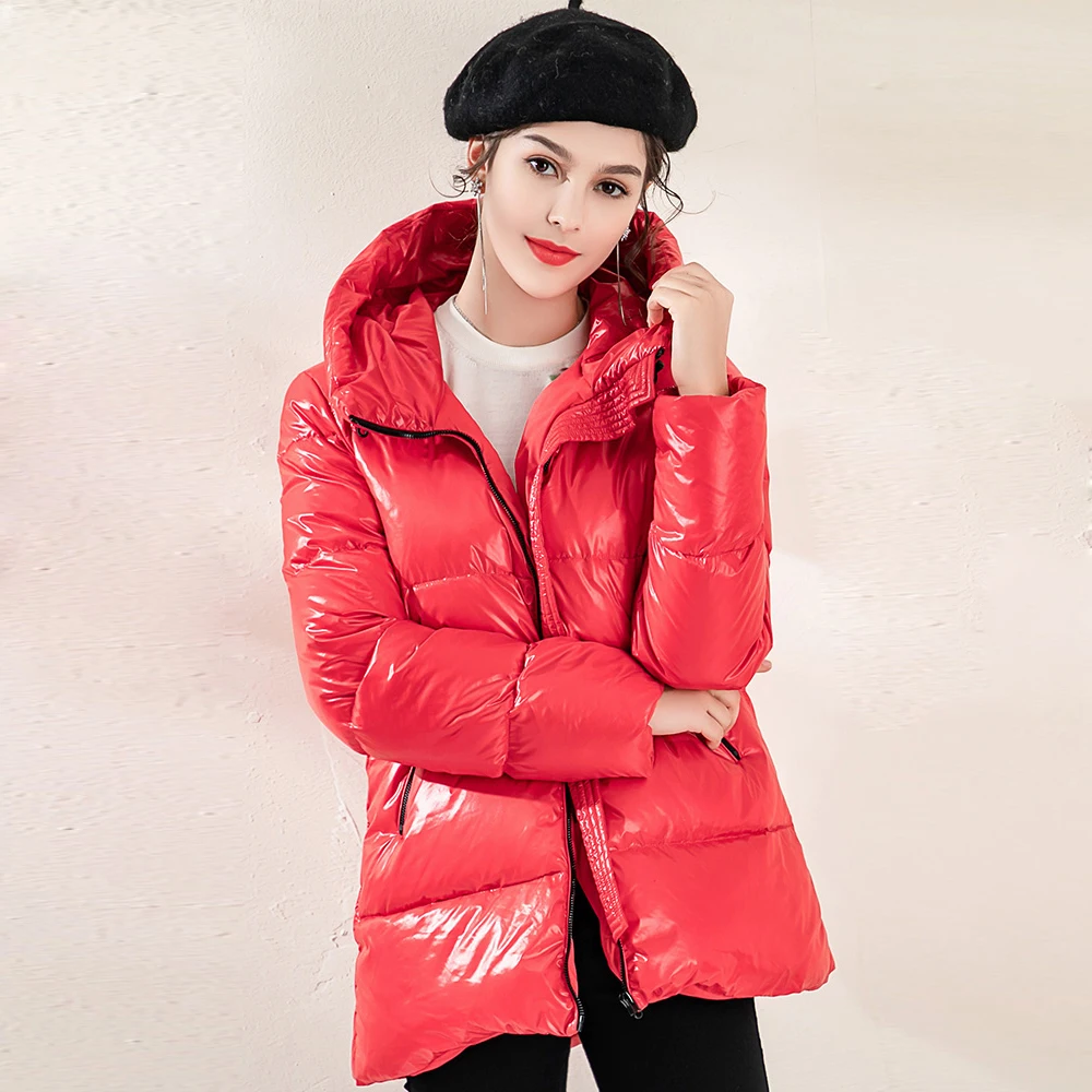 

Red RoosaRosee Designer Winter Women Fashion White Duck Coat Elegant 2019 Female Warm Light Outwear Black Overcoat New Clothes