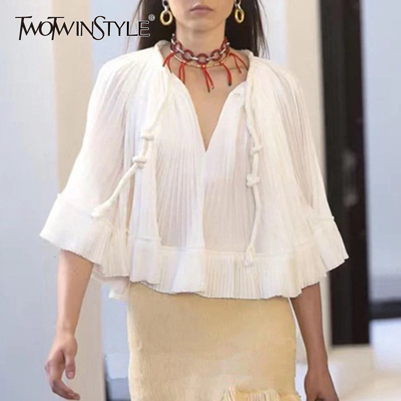 

TWOTWINSTYLE White Chiffon Ruched Elegant Women's Blouse Cloak V Neck Drawstring Oversized Female Shirts Summer Fashion New