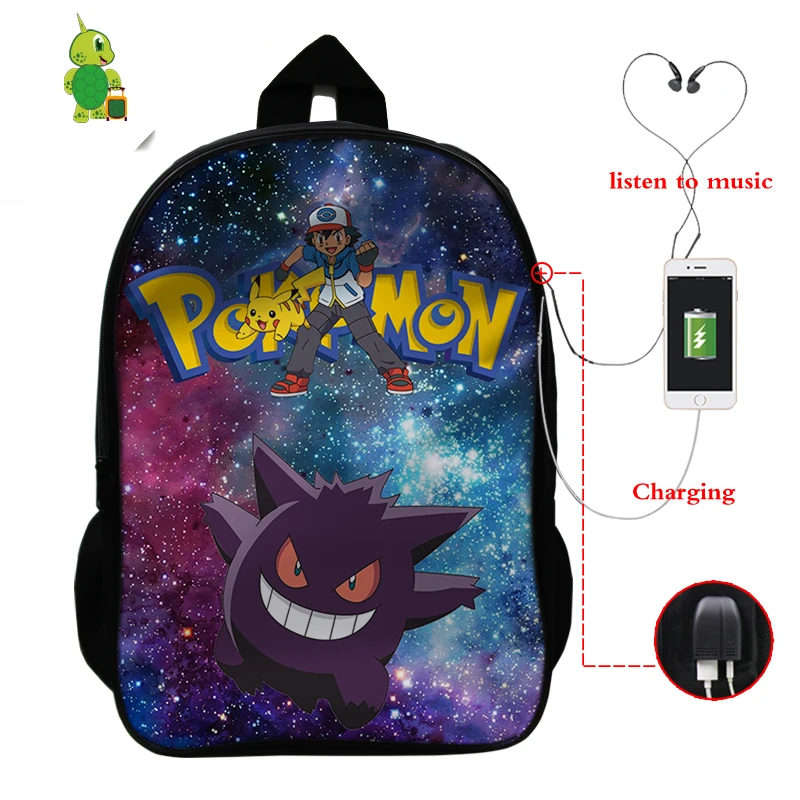 Рюкзак для ноутбука Pokemon Pikachu Gengar Eevee с зарядкой через USB, школьные сумки для мальчиков и девочек-подростков, рюкзак с рисунком, дорожные сумки на плечо