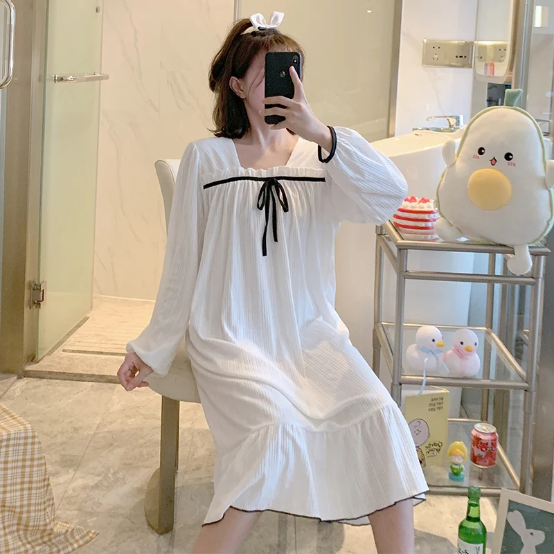 Nightdress women autumn and winter pajamas pure cotton long-sleeved love new sweet home service sleepwear